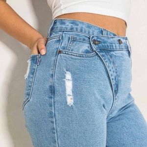 The Yvonne High Rise Cross Front Straight Leg Denim Jeans Final